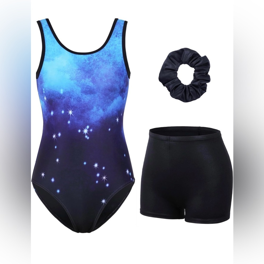 🌌Galaxy🌌 Kids Blue Tank Leotard with Black Shorts & Scrunchie. Size 10